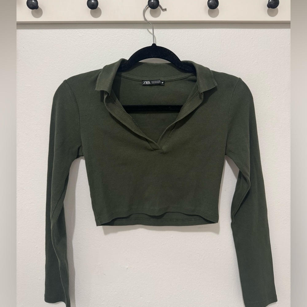 Zara Olive Ribbed Long-Sleeve Polo Crop Top